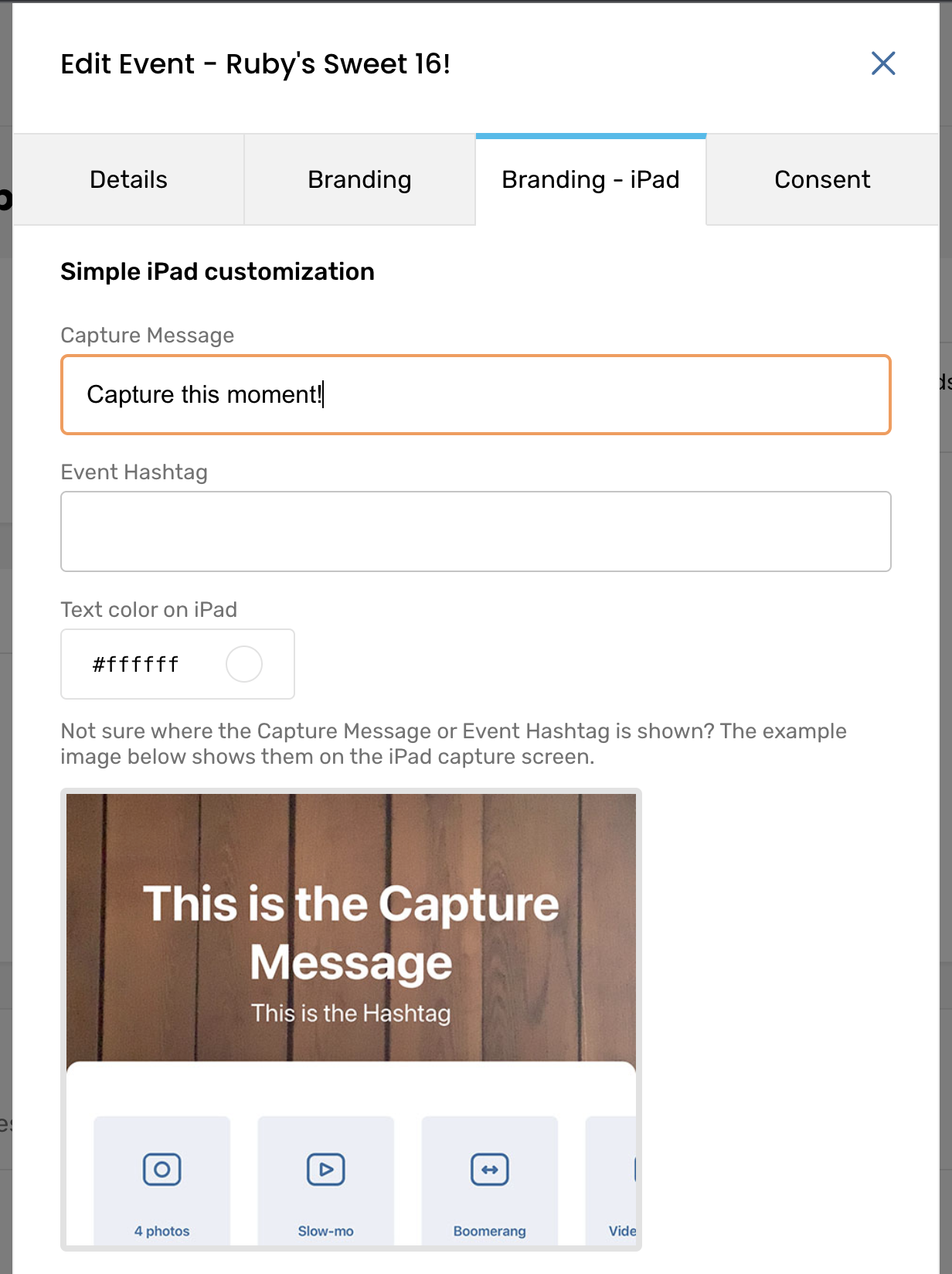 Editing an Event: iPad branding settings