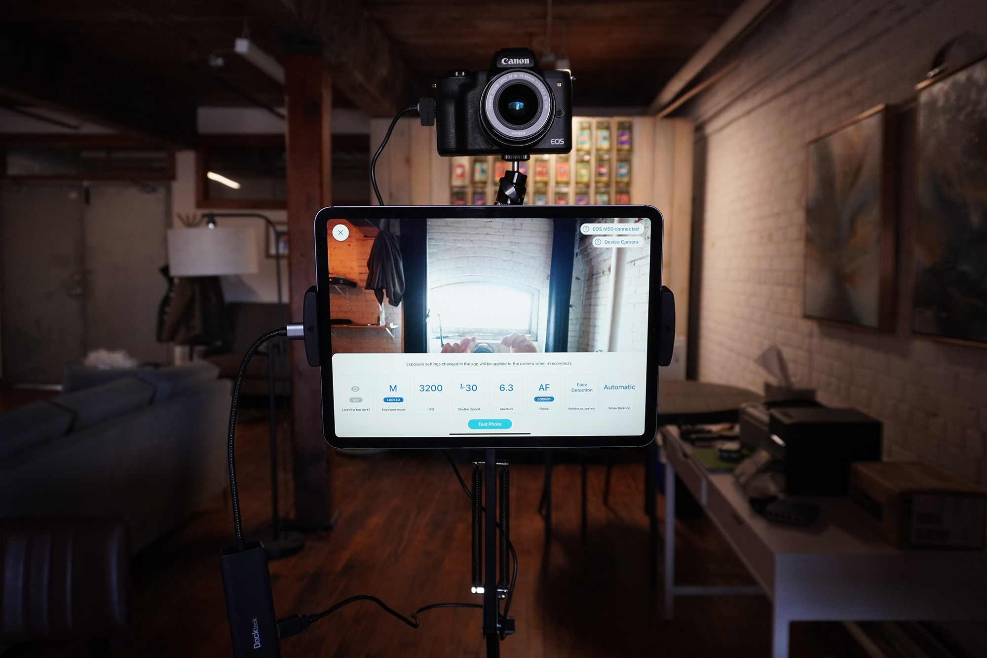 One of our test rigs with a Canon M50 connected to an iPad Pro with a USB-C hub from Dockteck, showing the camera settings page