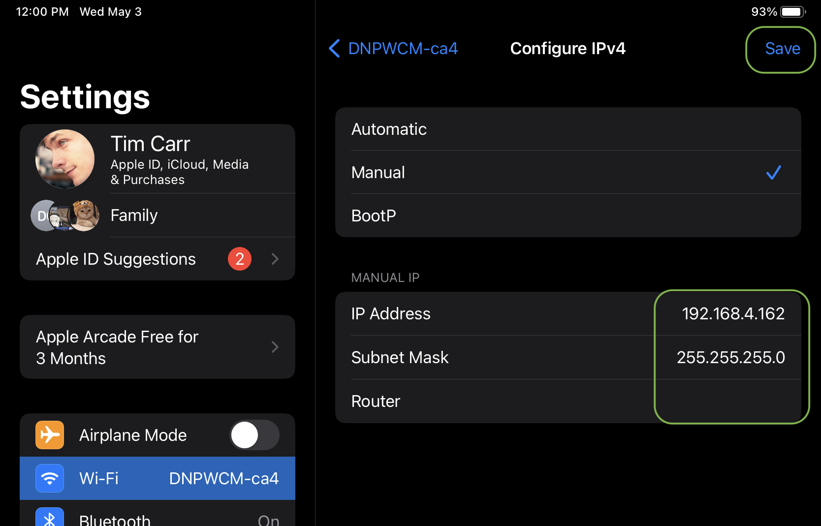 An iPad's network interface settings, showing no default gateway ('router')